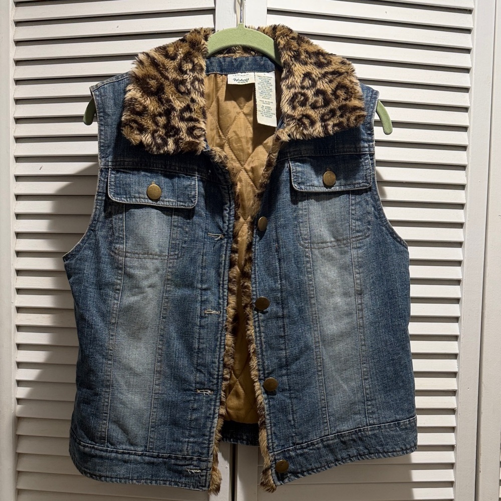 Rainforest Cafe Lined, Blue Denim Vest with Brown Faux Fur